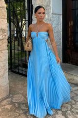 Sky Blue Halter Pleated Satin A Line Prom Dresses With Cutout