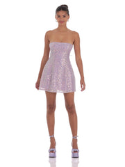 Sequin Glitter Strapless Fit and Flare Dress in Lilac