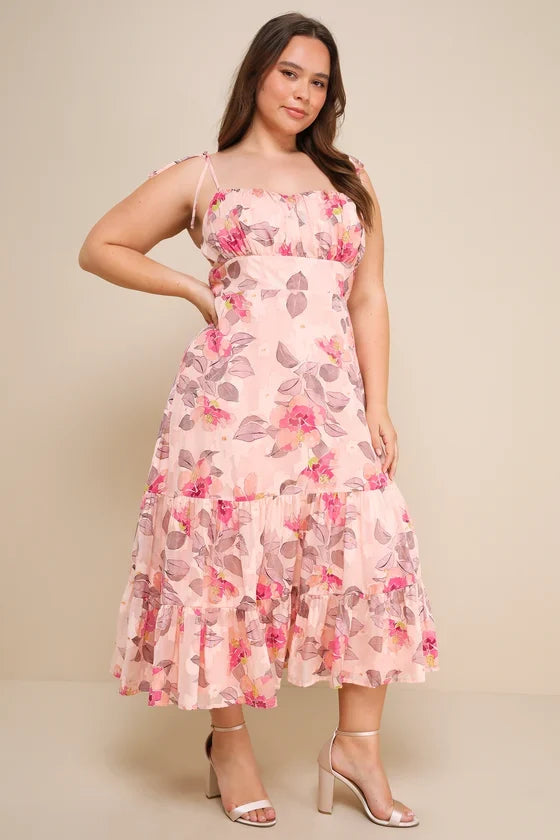 Tea Party Chic Pink Floral Print Tie-Strap Tiered Midi Dress